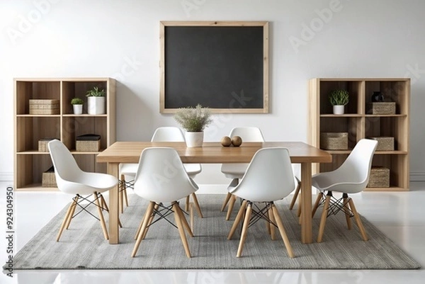Fototapeta Sleek minimalist blackboard table surrounded by iconic white shell chairs, paired with wooden storage cubes and a neutral woven rug, isolated on a white background.