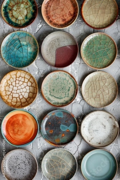 Fototapeta Various ceramic plates in light blue, navy blue, brown, and white displayed from a top-down view on a white background, highlighting different patterns and sizes.