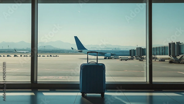 Obraz Blue suitcase at airport with airplane and mountain view.