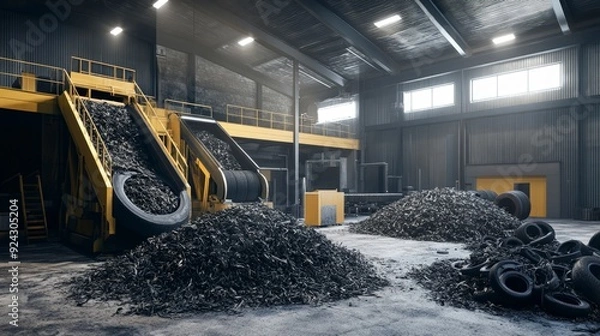Fototapeta industrial shredder processing old tires for recycling, with piles of rubber pieces ready for further use, bright overhead lighting, industrial and efficient atmosphere