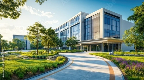 Fototapeta modern hospital exterior, sleek architecture with green spaces, bright midday light, clean and inviting
