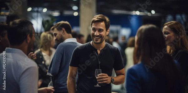 Fototapeta Business professionals in smart attire enjoy a lively conversation and laughter at a booth following the event, highlighting camaraderie and joy.
