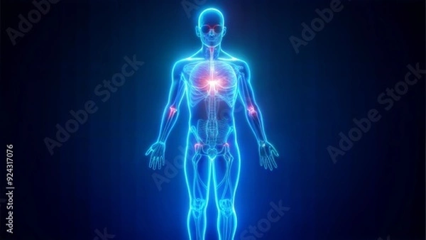 Fototapeta Neon 3D image of full-length hologram of a human body on a blue background highlighting the brain and heart
