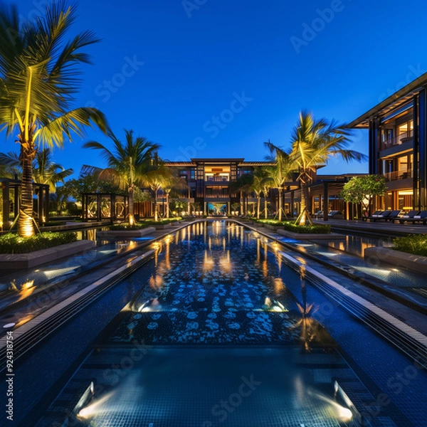 Obraz Ocean view luxury resort hotel night pool