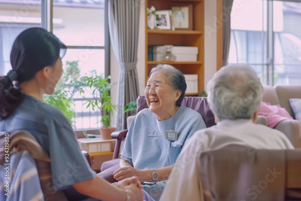 Obraz 笑顔の老人ホームの楽しそうな入居者の老人達