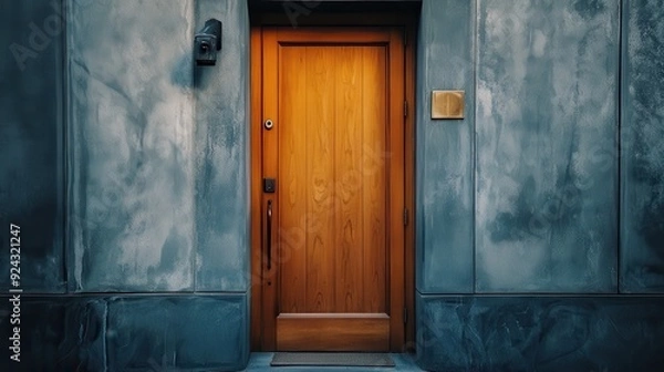 Fototapeta Wooden Door on a Blue Wall