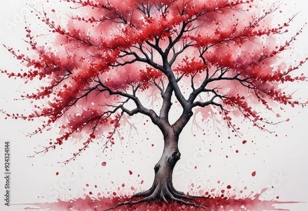Fototapeta vibrant watercolor painting of a tree with a flurry of pink and red leaves, resembling a cherry blossom in full bloom against a minimalist white background.