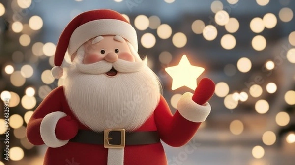 Fototapeta Santa Claus holding a glowing star ornament, with twinkling Christmas lights in the background, in a festive holiday atmosphere.