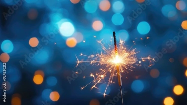 Fototapeta A Single Burning Sparkler Against a Blue and Orange Bokeh Background