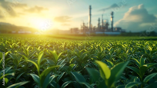 Obraz Green tea leaves field with factory in background. Howcasing the process of capturing carbon dioxide emissions from industrial sources, converting them for utilization. Generative AI