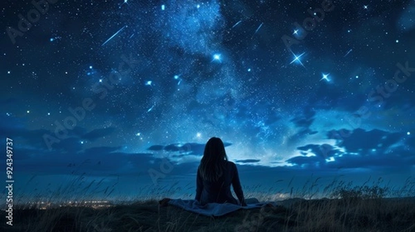 Fototapeta Stargazing in the Countryside: Venture into the countryside, far from city lights. Relax on a blanket and enjoy the clear night sky, finding constellations and observing shooting stars.
