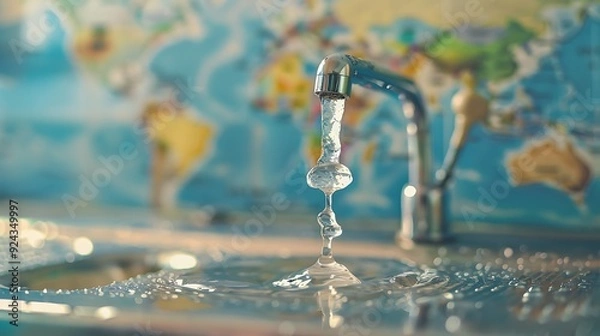 Fototapeta A single drop of water from a water faucet over a global map