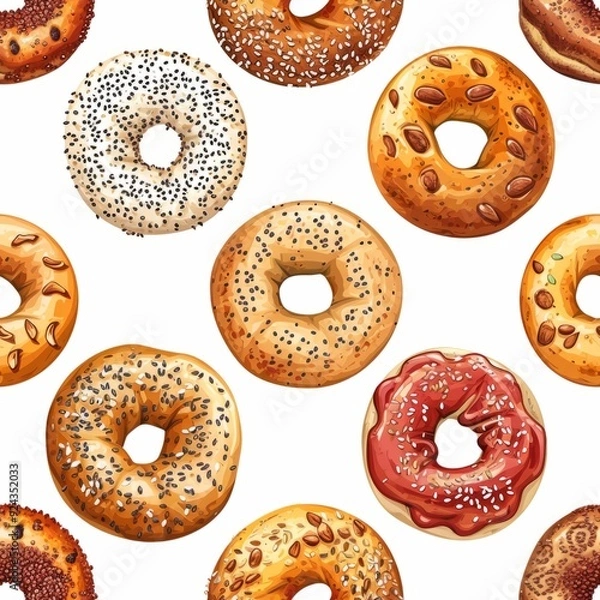 Fototapeta Seamless pattern of bagels in various flavors, topped with seeds and spreads