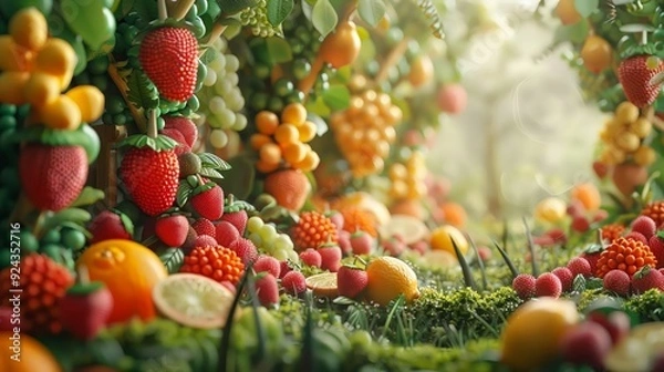 Fototapeta Design a die-cut layout of a magical orchard at a dynamic angle, highlighting fantastical fruits with  design, die, cut, layout, magical, orchard, dynamic, angle, highlight, fantastical, visually, dre