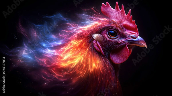 Fototapeta chicken, the head of a chicken in a multi-colored flame. Abstract multicolored profile portrait of a chicken head on a black background