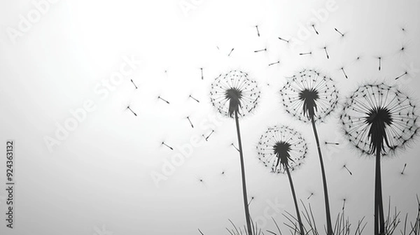 Obraz Dandelion wind blow background. Black silhouette with flying dandelion buds on white. Abstract flying seeds. Decorative graphics for printing. Floral scene design
