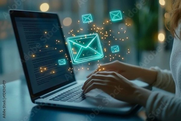Fototapeta Email marketing and newsletter concept. Business woman using computer laptop and sending online message with email icon, e-mail direct marketing, global, Generative AI