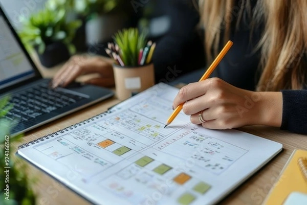 Fototapeta woman hand writing with pencil planning event on notebook. Job schedule, event planning, to do list and reminder, E-learning. Woman working on laptop and taking note on office desk, Generative AI