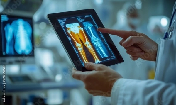Fototapeta Orthopedics surgeon doctor using digital tablet and examining and recording patient's knee joint x-ray films, MRI bone, ct scan at radiology orthopedic unit in hospital. knee joint film, Generative AI