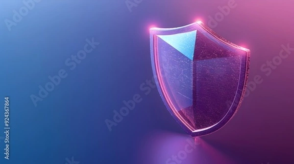 Obraz A glowing 3D shield icon on a gradient background, symbolizing cybersecurity, protection, and digital security concepts.