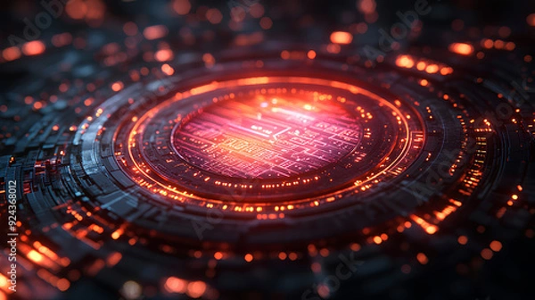 Fototapeta Creative digital tech circle on dark backdrop. Big data and technology concept. 3D Rendering