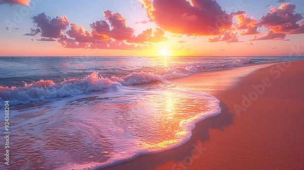 Fototapeta Wave of silent Pink Beach with sunset showing the beautiful Landscape 