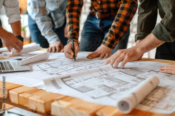 Fototapeta photo Project Planning: Team members gathered around a table with blueprints and plans