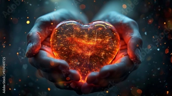 Fototapeta A glowing heart held in hands, radiating warmth and light, symbolizing love and connection amidst a magical backdrop.