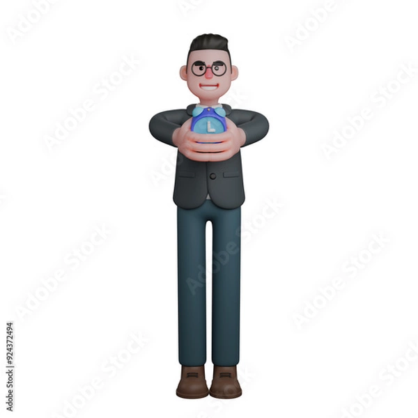 Fototapeta 3D Illustration of Professional Male Teacher. A man in formal attire stands with both hands holding a watch. Cartoon