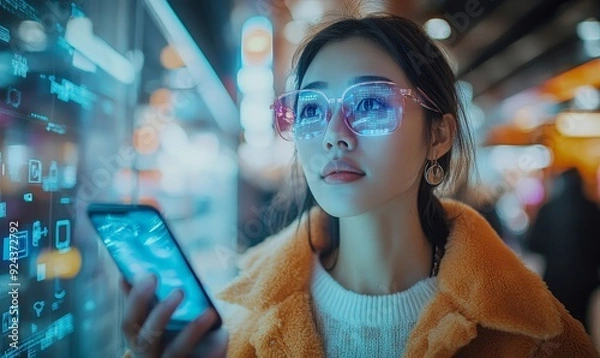 Fototapeta Internet of Things technology (IoT), E-commerce, digital marketing concept. Woman using mobile smart phone with AR Augmented reality, Generative AI