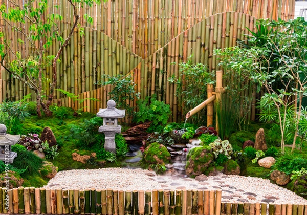 Fototapeta Minimal Japanese garden in home with small stone lantern and bamboo fountain and moss and flowers.
