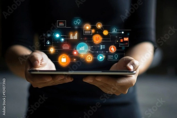 Fototapeta marketing, IoT Internet of Things, Internet communication technology, business plan and strategy concept. Businessman using digital tablet with market research and smart communication, Generative AI