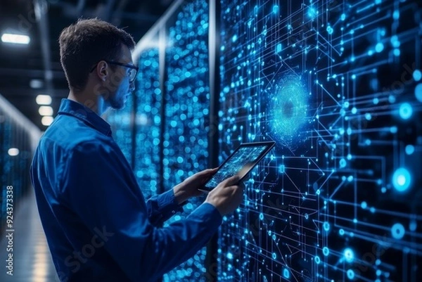Fototapeta IT Technician, software engineer working with big data on digital tablet and AI connecting with data center, server room, data engineering, digital technology, Generative AI
