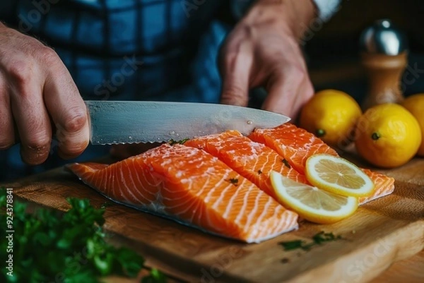 Fototapeta A chef skillfully preparing a fresh salmon fillet with a knife on a wooden kitchen table, surrounded by lemons, creating a nutritious, omega-rich meal.






