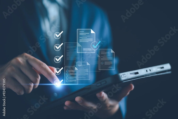 Obraz Checklist business performance monitoring concept, Business using tablet online survey filling out check digital form task, online survey question form, target marketing planning with quality control