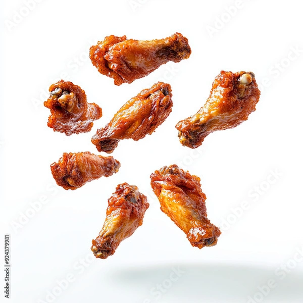 Fototapeta chicken wings floating in the air on white background	