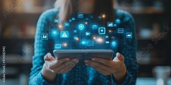 Fototapeta Digital marketing, online business technology, social media advertisement, business plan and strategy concept. Businessman with digital media marketing, IoT Internet of, Generative AI