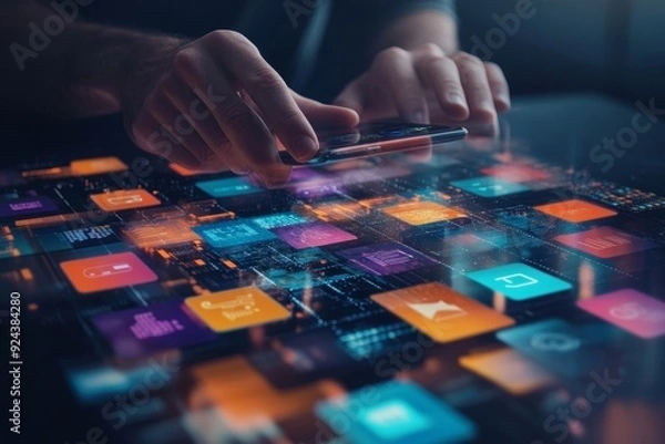 Obraz Man using smartphone with colourful mobile apps on virtual screen, digital software technology development concept, Generative AI