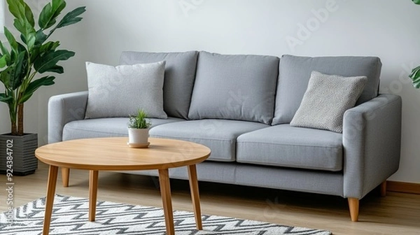 Fototapeta semi close-up of a cozy living space with a modern gray sofa, wooden flooring, and minimalistic decor, soft natural light from the windows, neutral color palette creating a calm atmosphere, focus on