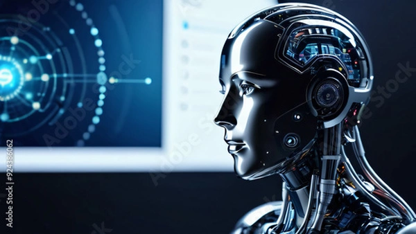 Fototapeta Futuristic woman with black helmet, code-laden body, merges human and machine in a 3D sci-fi portrait