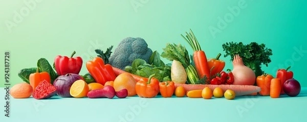 Fototapeta Assortment of fresh colorful vegetables on a green background.