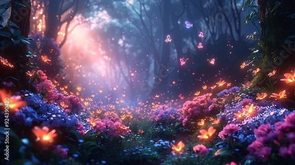 Fototapeta A fairy forest at dusk, bioluminescent mushrooms casting a gentle glow, fairies with sparkling wings hovering over vibrant flowers, a dreamy and mystical scene, rich colors and playful elements,
