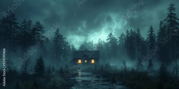 Fototapeta Lightning in the stormy sky above the lonely forest house at night. Scary old hut with light in window at thunderstorm.