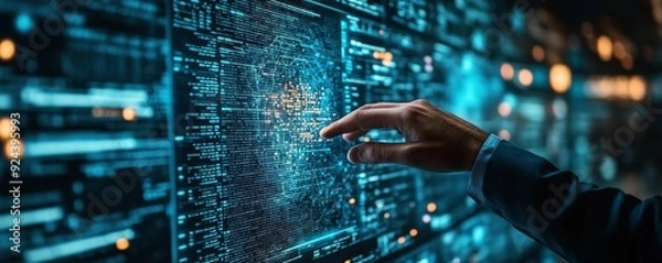 Fototapeta AI Artificial Intelligence, Data Science, Information technology concept. Businessman touching on AI machine learning on virtual screen with big data, Generative AI