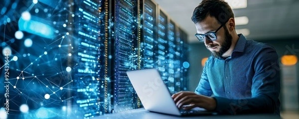 Fototapeta Computer engineer working on laptop computer with server room, data center, big data storage as backgrounds, digital technology, database, IT support, Generative AI