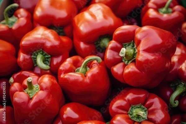 Fototapeta Heap Of Ripe Big Red Peppers At A Street Market. Peppers background with generative ai