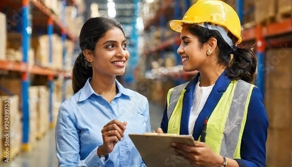 Obraz Warehouse manager talking with logistics employee in warehouse, planning transport of products, talking shipping process.