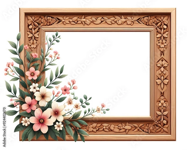 Fototapeta Sale banner with wooden frame with flowers. Colorful sale banner featuring a wooden frame adorned with vibrant flowers.