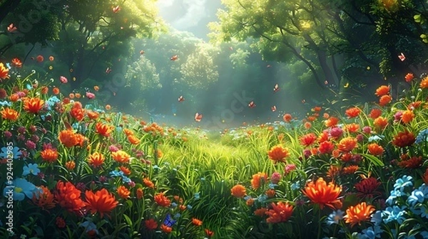 Fototapeta A magical cartoon meadow in springtime, with an array of blooming flowers and butterflies dancing in the air, surrounded by lush green grass and a clear blue sky.