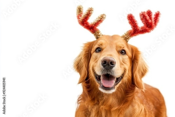 Fototapeta Portrait of a happy dog with deer antlers on his head on a Christmas background